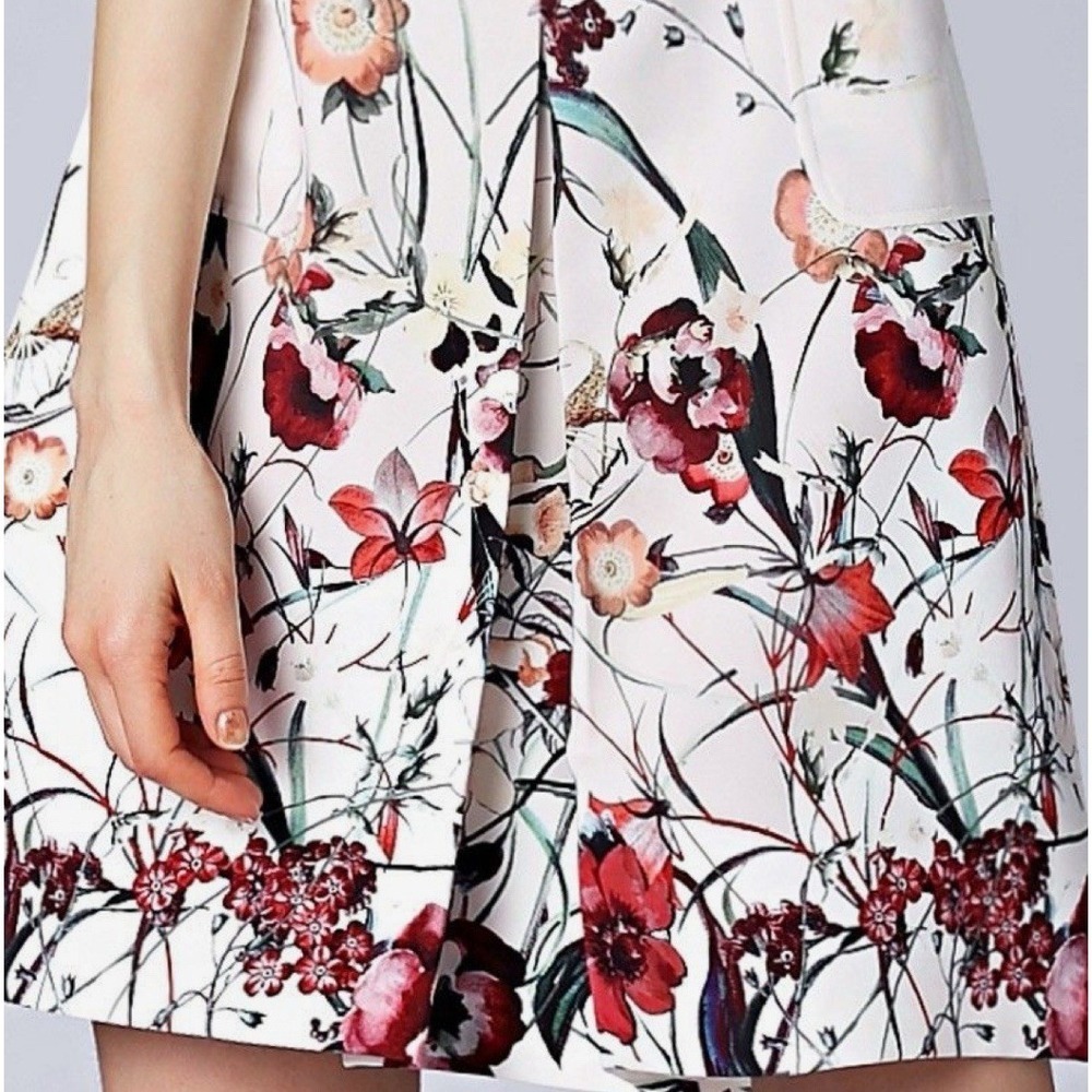 Catherine Malandrino Front Box Pleat Skirt Sz 6 White Floral Flare Ivory